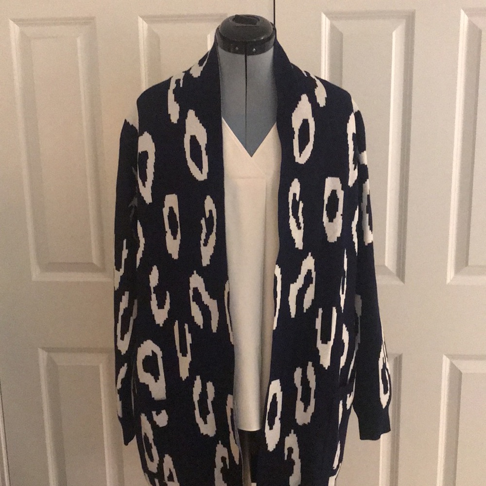 Grace Karin Navy Blue & White Long Knit Cardigan Sweater Pockets  L